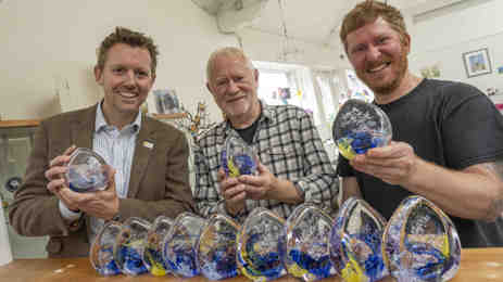 L to R David Hope-Jones, SSDA with Peter Holmes and Andrew Holmes at Holmes Glass