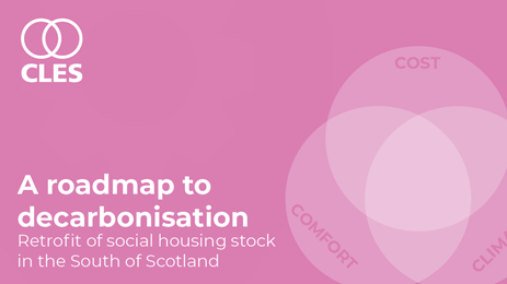 CLES text graphic reads "A roadmap to decarbonisation. Retrofit social housing stock in the South of Scotland"