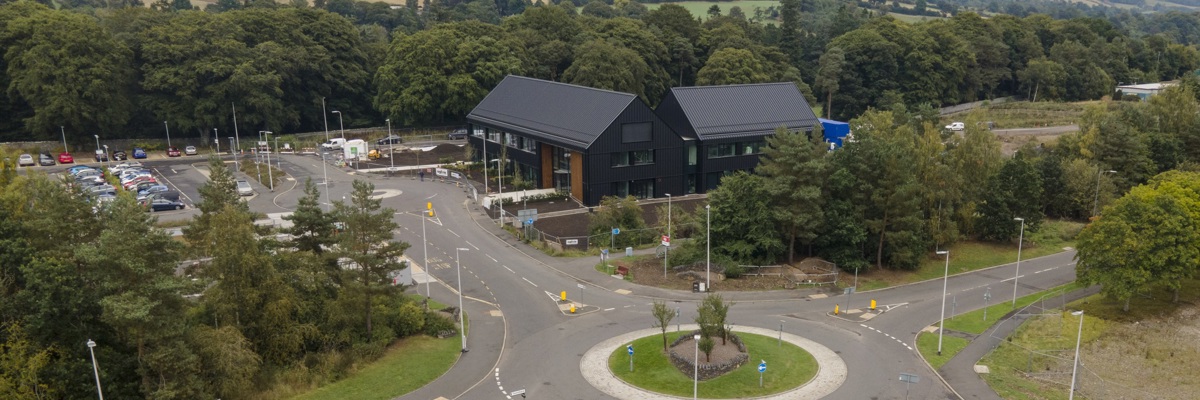 Aerial shot of the Inspire Learning Academy building in Tweedbank
