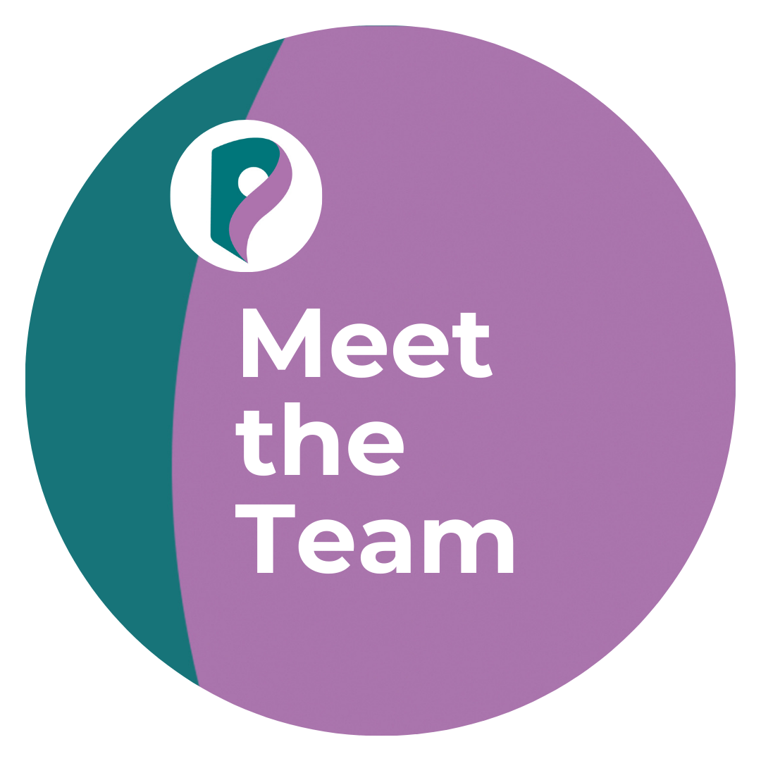 Image saying meet the team in purple and green