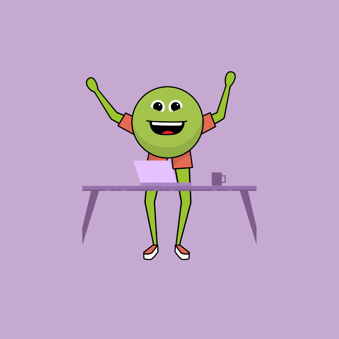 Animated character at a desk